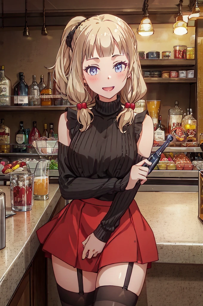 (from above:1.2),(from side:0.9), ((Face)), (Close-Up:0.4), masterpiece,"A 26-year-old girl stands at a bar counter. She is dressed in a stylish off-shoulder dress, sweater dress, off-shoulder sweater, red sweater,garter stocking, midriff, red skirts, black thighhighs, thigh strap, pretty girl, (highly detailed beautiful face and eyes,firm breasts),real skin,((black,hair,long pony tail hair)),thin pubic hair,cute and lovely pose, detailed eyes, This masterpiece is only visually stunning but also tells,(double breasted:0.6,under bust:0.6,cleavage:1.1,),(small breasts:1.2),(perky chest:1.1), (pointed chest:1.3), medium hips, glamorous body,(with sparkling eyes and a contagious smile),open mouth. The bar is beautiful, with colorful bottles of alcohol in the background and a soft glow from neon lights. The atmosphere is relaxed, and the girl looks confident and fashionable.",full body, sexy pose,make a cocktail , in a bar counter, Looking at Viewer, 