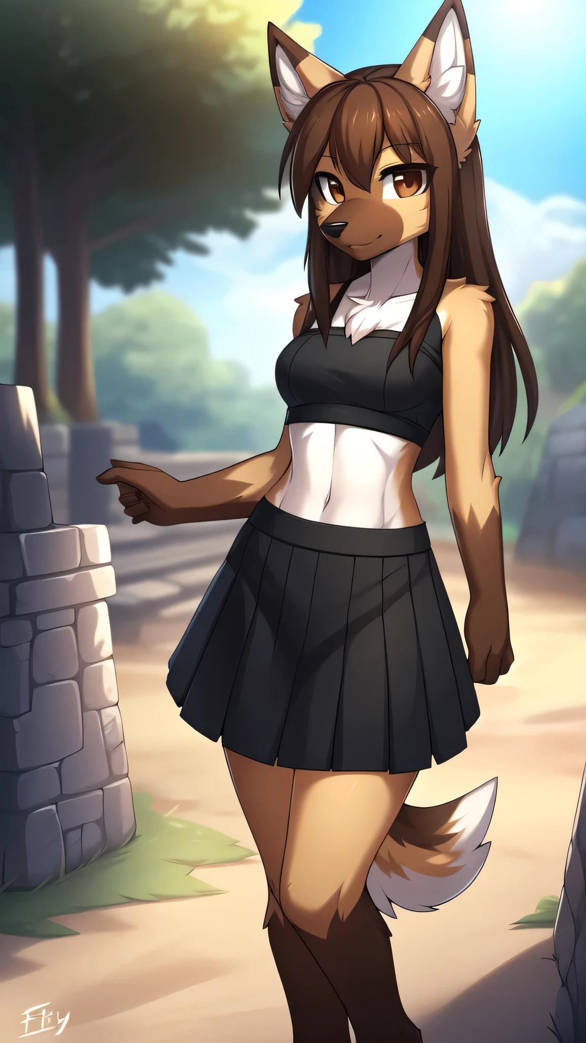 By zinfyu,by twistedscarlet60, uploaded on pixiv, by fluff-kevlar, (masterpiece), (best quality), (anthro furry:1.3, snout:1.2, anthro:1.3, furry:1.2, solo female:1.2), (extremely detailed:1.3),(checkpoint model:1.3),(detailed eye, brown eye), german shepherd, dark brown mouth, brown face, dark brown ear, white Belly, dark brown back, dark brown leg, brown arm, dark brown feet, dark brown hand, long dark brown straight hair, wearing black skirt and croptop