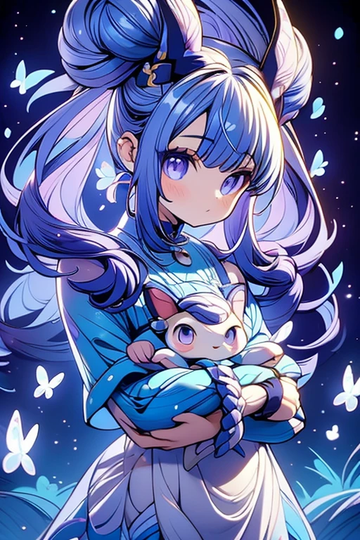 masterpiece, ultra detailed, girl, american next top model, braids & space bun hairstyle, slim thic, blue aesthetics, butterflies, koi fish, anime, bee and puppycat style
