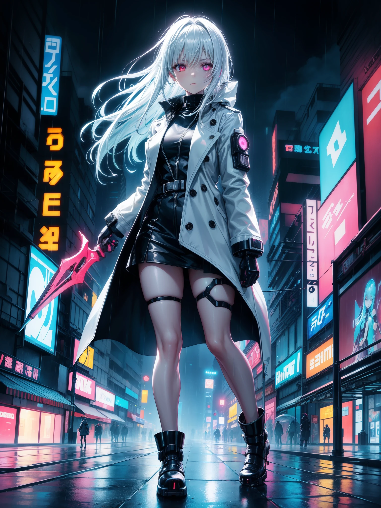 score_9、score_8_up、score_7_up、Expressive、anime、Digital Painting、cyberpunk city night、Neon glow、Slippery street in the rain、Lonely cyborg woman、A flowing white trench coat fluttering in the wind、Chrome arm with a shiny sword、Determined look、Glowing red eyes、