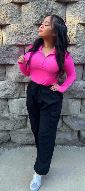 a woman in a pink shirt and black pants standing in front of a stone wall, hot pink and black, pink and black, neon pink and black color scheme, tight outfit, pink body, lorena avarez, alanis guillen, marischa becker, pink clothes, full body shot close up, hot pink, some pink, photograph of a techwear woman, beautiful girl, big ass, bbw, thick, thick thighs, wide hips, bbw, big tits, falling out the side, thick nipples, large areola, filipina, cute, chubby stomach, nipples poking out, tan skin, from front, muffin top, thick belly, oily
