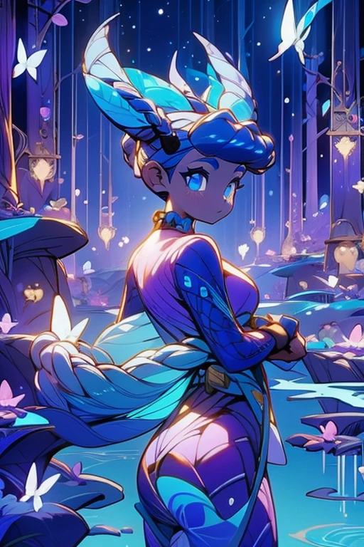 masterpiece, ultra detailed, girl(afrocentric), american next top model, braids & space bun hairstyle, slim thic, blue aesthetics, koi fish, butterflies, anime, bee and puppycat style