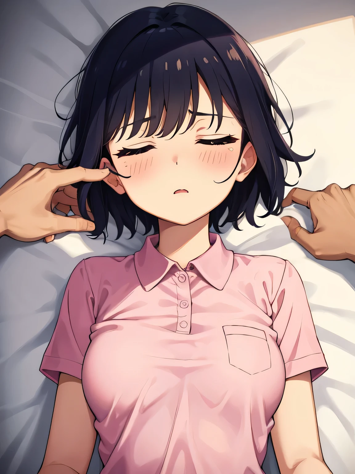 1. Beautiful woman in a pink polo shirt, short hair, Small breasts,Black Hair, Hospital Beautiful Cute High Quality Sleeping Under Man Drooling Feel Perfect Fingers Hands on Chest