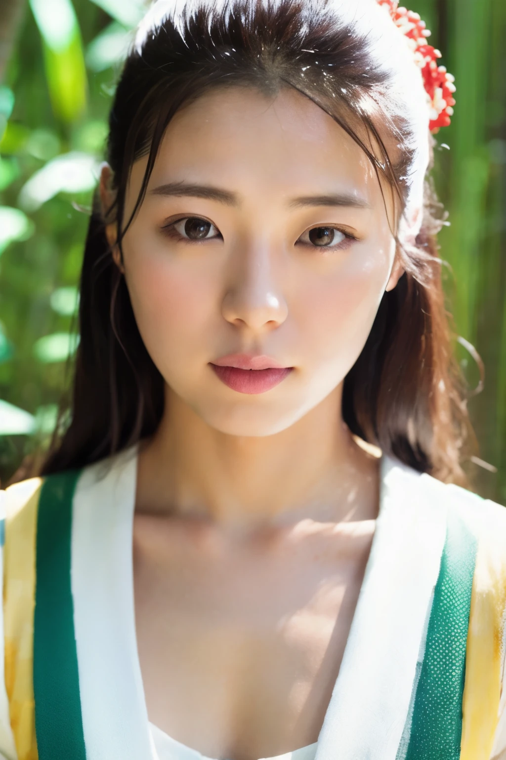 Masterpiece, High quality, High resolution, 8K, Realistic Japan woman in bamboo bushes,  beautiful japanese female, goddess of Japan, Beautiful Face, detailed face, detailed eyes, Tie up your hair, Wearing a white wet translucent kimono, Inserting kanzashi, A MILF, Sexy Japanese woman, A 30-year-old woman, Looking at the camera, facing front, face forwards, rain is falling, Beautiful collarbone
