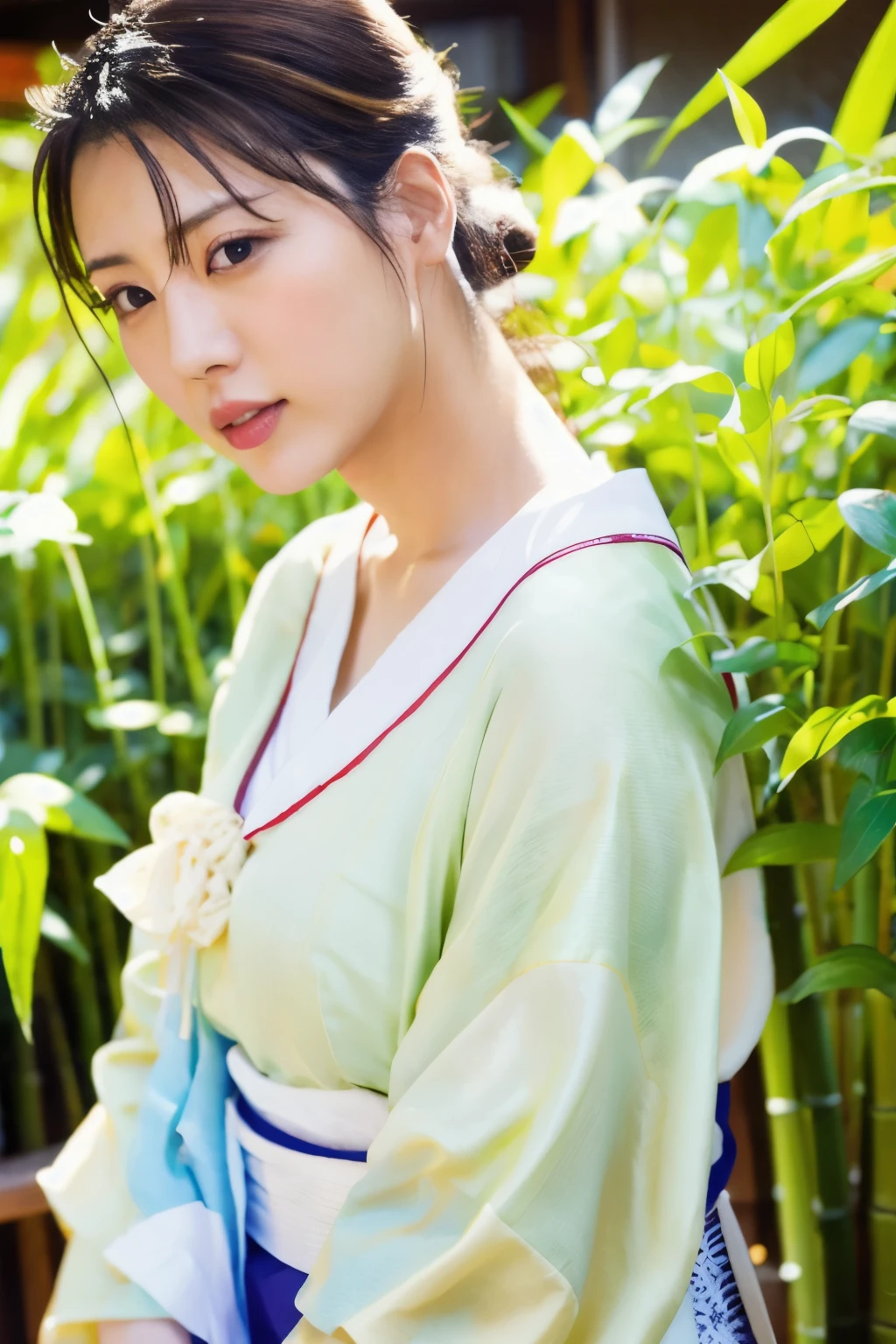 Masterpiece, High quality, High resolution, 8K, Realistic Japan woman in bamboo bushes, beautiful japanese female, goddess of Japan, Beautiful Face, detailed face, detailed eyes, Tie up your hair, Wearing a white wet translucent kimono, Inserting kanzashi, A MILF, Sexy Japanese woman, A 30-year-old woman, Looking at the camera, facing front, face forwards, rain is falling, Beautiful collarbone
