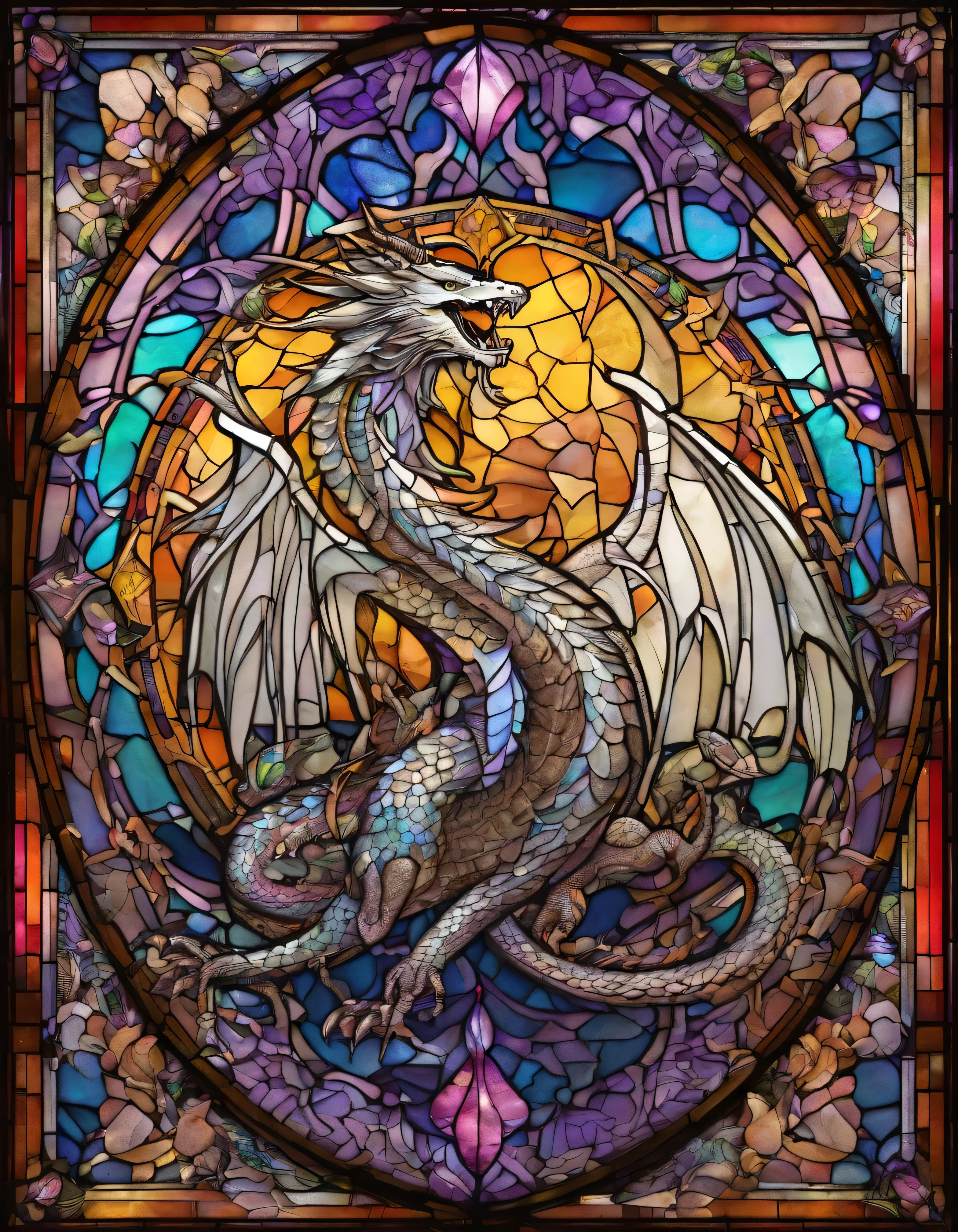 flying dragon、dragon、Rising Dragon, Innocence、Transparent glass、very elaborate stained glass、Amethyst Crystal, Iridescent Labradorite Crystals、Intricate and highly detailed backgrounds, Fantasy, Craftsmanship, Craftsmanship detailed, Complex