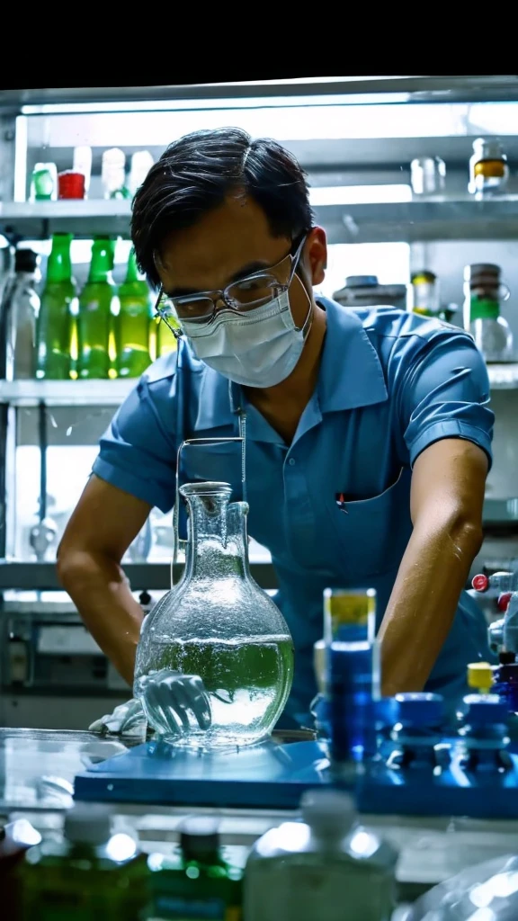 An indonesian man chemist, standing in the picture, doing chemistry procedures, chemical test laboratory, chemical analysis