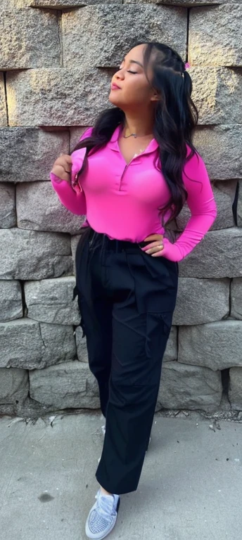 a woman in a pink shirt and black pants standing in front of a stone wall, hot pink and black, pink and black, neon pink and black color scheme, tight outfit, pink body, lorena avarez, alanis guillen, marischa becker, pink clothes, full body shot close up, hot pink, some pink, photograph of a techwear woman, beautiful girl, big ass, bbw, thick, thick thighs, wide hips, bbw, big tits, falling out the side, thick nipples, large areola, filipina, cute, chubby stomach, nipples poking out, tan skin, from front, muffin top, thick belly, oily