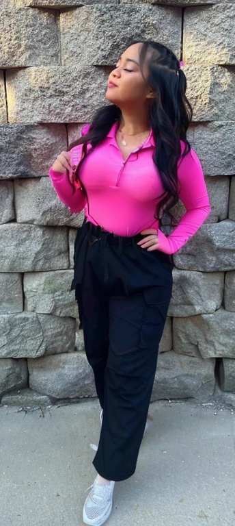 a woman in a pink shirt and black pants standing in front of a stone wall, hot pink and black, pink and black, neon pink and black color scheme, tight outfit, pink body, lorena avarez, alanis guillen, marischa becker, pink clothes, full body shot close up, hot pink, some pink, photograph of a techwear woman, beautiful girl, big ass, bbw, thick, thick thighs, wide hips, bbw, big tits, falling out the side, thick nipples, large areola, filipina, cute, chubby stomach, nipples poking out, tan skin, from front, muffin top, thick belly, oily