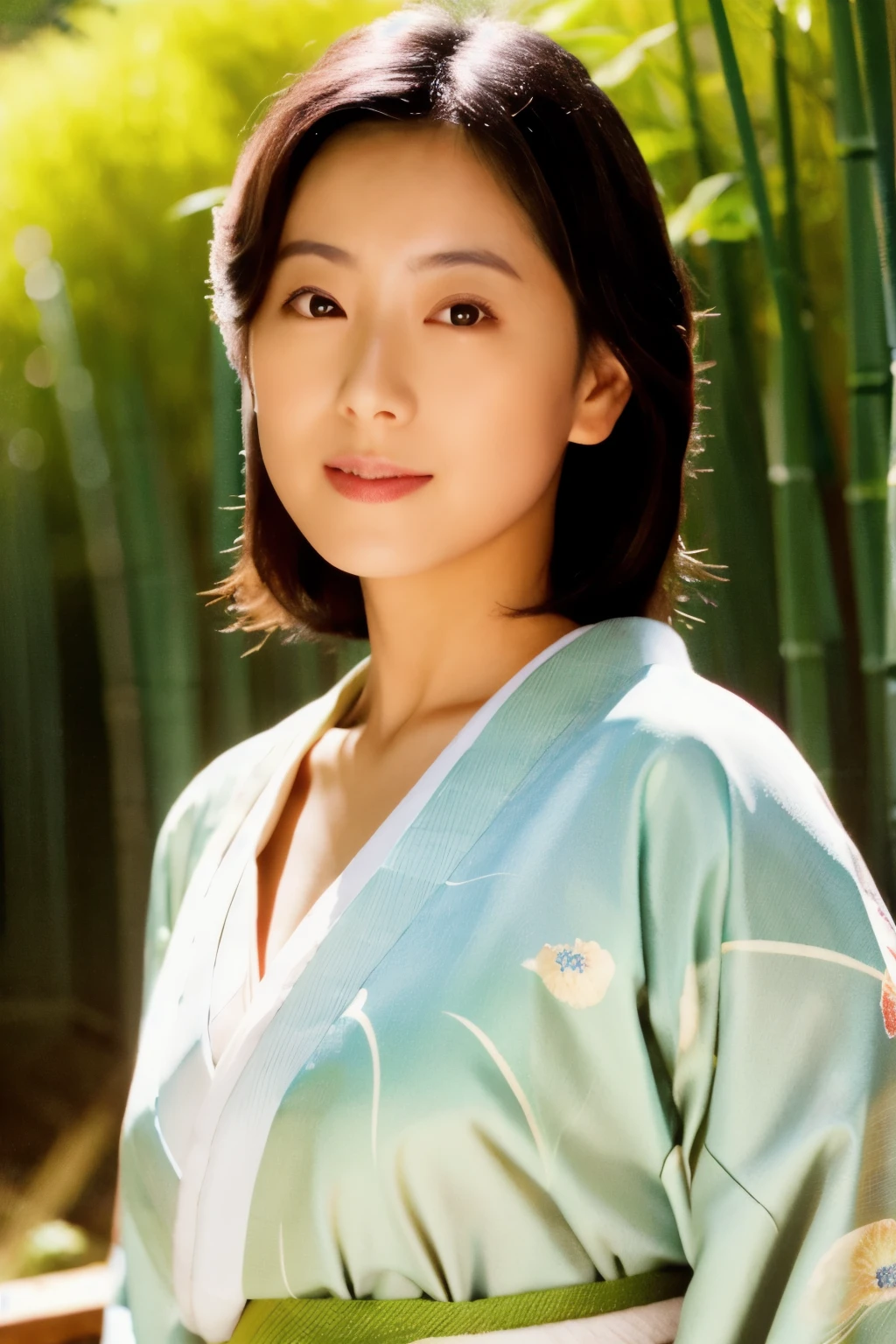 Masterpiece, High quality, High resolution, 8K, Realistic Japan woman in bamboo bushes,  beautiful japanese female, goddess of Japan, Beautiful Face, detailed face, detailed eyes, Tie up your hair, Wearing a white wet translucent kimono, Inserting kanzashi, A MILF, Sexy Japanese woman, A 30-year-old woman, Looking at the camera, facing front, face forwards, rain is falling, Beautiful collarbone
