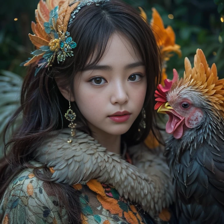 (highest quality、Super detailed、Real:1.37)、(professional、Bright colors)、(Portrait)、((Human-faced chicken:1.5))、（Human-chicken hybrid creature)、(Apparition)、(The face of a young and extremely beautiful woman:1.4)、(Beautiful detailed eyes、Beautiful detailed lips、Highly detailed eyes and face)、(Dark Night Road、Dimly lit road)、(media: oil)、(Fine feather detail、Captivating colorysterious atmosphere)、(Studio Lighting)
