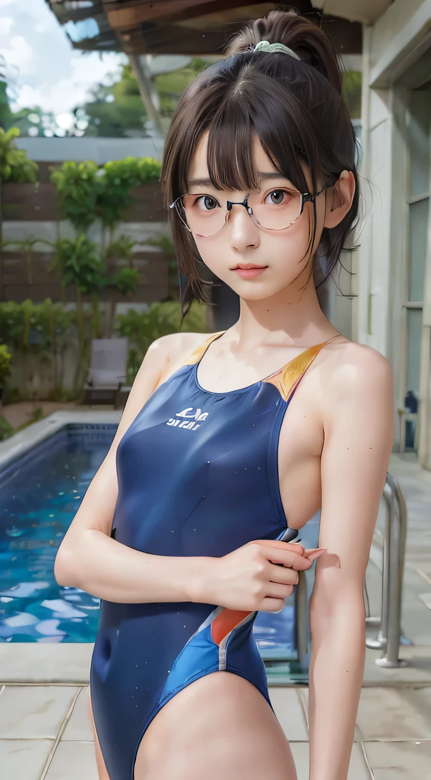 highest quality, RAW Photos, Realistic, face, Incredibly beautiful girl, cute, Long Hair,ponytail，Glasses，Written boundary depth, High resolution, Super detailed, detailed, Very detaileded, extremely detaileded eye and face, Sharp pupils, Realistic students, Sharp focus, Cinema Lighting, Japanese, Short women,  Physical build, Short arms, Long, narrow eyes, Fleeting atmosphere, , Brown bob hair, ((thin lips)), White top and bottom underwear, Masterpiece, highest quality, Detailed skin, Detailed face, Fine grain, 8k, Excellent anatomy, Upper body portrait，flat breasts, small breasts, small,( small bust: 1.2), small bust, (slim, small, flat, small), thin, Delicate and sexy collarbone, One Girl, (Beautiful girl, Delicate girl:1.3), (12 years old, (One piece swimsuit, Swimsuit:1.2),
break, (Pool:1.3),
break, Very beautiful eyes, (Symmetrical eyes:1.3),
break, , Brown eyes, Parted bangs, Brown Hair, (Upper teeth, The best smile:0.2),
break, (Eyes and face detail:1.0),
break, (masterpiece, highest quality, Super detailed, Detailed face, 8k)