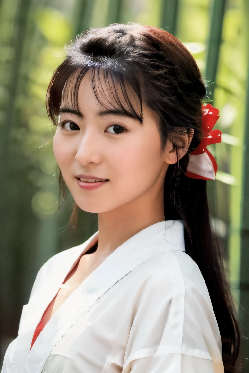 Masterpiece, High quality, High resolution, 8K, Realistic Japan woman in bamboo bushes, beautiful japanese female, goddess of Japan, Beautiful Face, detailed face, detailed eyes, Tie up your hair, Wearing a white wet translucent kimono, Inserting kanzashi, A MILF, Sexy Japanese woman, A 30-year-old woman, Looking at the camera, facing front, face forwards, rain is falling, Beautiful collarbone