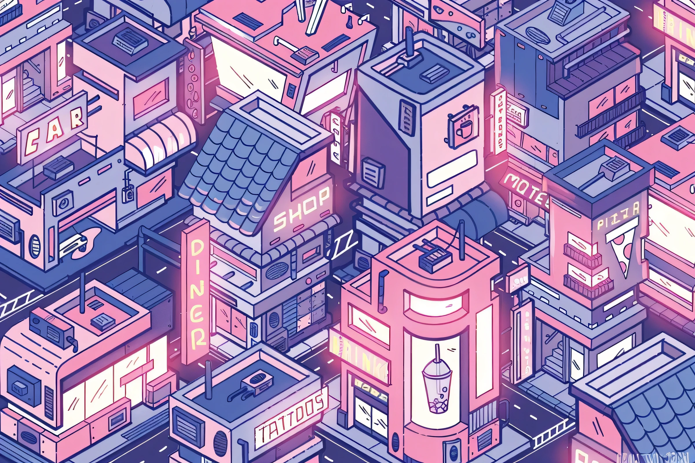 Isometric, Cartoony, Neon City, 3D, Stylized, Simple, Drawing