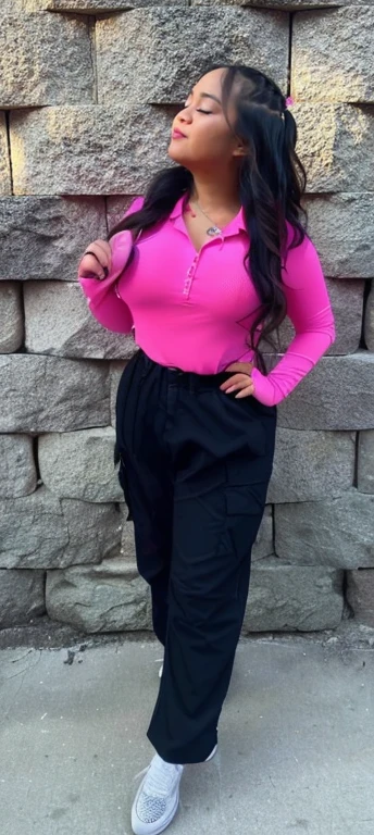 a woman in a pink shirt and black pants standing in front of a stone wall, hot pink and black, pink and black, neon pink and black color scheme, tight outfit, pink body, lorena avarez, alanis guillen, marischa becker, pink clothes, full body shot close up, hot pink, some pink, photograph of a techwear woman, beautiful girl, big ass, bbw, thick, thick thighs, wide hips, bbw, big tits, falling out the side, thick nipples, large areola, filipina, cute, chubby stomach, nipples poking out, tan skin, from front, muffin top, thick belly, oily,major cleavage