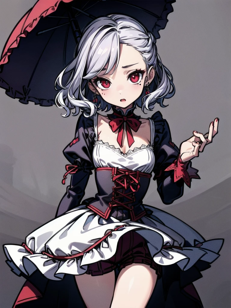 vampire woman, Victorian dress, absurdres, RAW photo, extremely delicate and beautiful, masterpiece, Best Quality, ultra high resolution, 32k, hyperrealistic, ultra-detailed, detailed description, pale skin, 20 years old, tearful mole, earring, medium breasts, short medium hair, wavy hair, whole body shot,