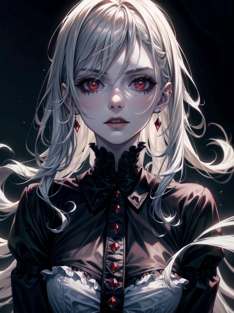 vampire woman, Victorian dress, absurdres, RAW photo, extremely delicate and beautiful, masterpiece, Best Quality, ultra high resolution, 32k, hyperrealistic, ultra-detailed, detailed description, pale skin, 20 years old, tearful mole, earring, medium breasts, short medium hair, wavy hair, whole body shot,