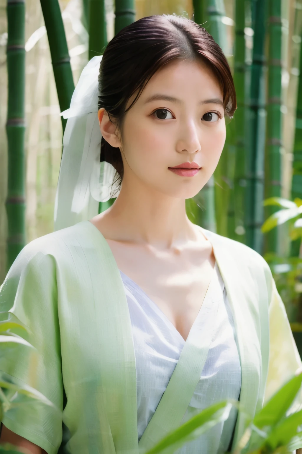 Masterpiece, High quality, High resolution, 8K, Realistic Japan woman in bamboo bushes,  beautiful japanese female, goddess of Japan, Beautiful Face, detailed face, detailed eyes, Tie up your hair, Wearing a white wet translucent kimono, Inserting kanzashi, A MILF, Sexy Japanese woman, A 30-year-old woman, Looking at the camera, facing front, face forwards, rain is falling, Beautiful collarbone
