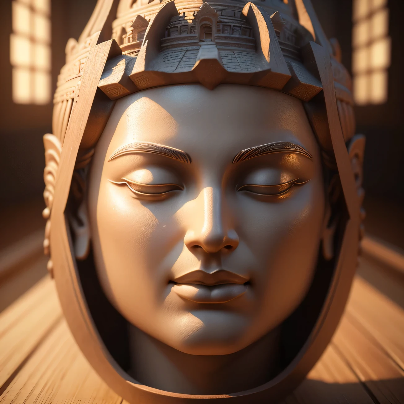Realistic depiction of Leshan Buddha, Harmonious harmony with nature, surrealism, ultra-detailed, photorealistic portrait:1.37, 3d rendering, cinematic lighting, holy light, ultra high resolution, masterpiece:1.2, Textured leather, Best quality, a high resolution