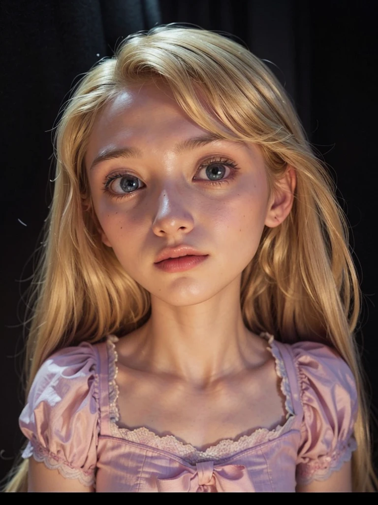 Portrait of a girl, 14 years old, golden hair, blonde, Rapunzel in real life, (highly detailed face:1.4) (smile:0.7) (background inside dark, moody, private study:1.3) POV, by lee jeffries, nikon d850, film stock photograph ,4 kodak portra 400 ,camera f1.6 lens ,rich colors ,hyper realistic ,lifelike texture, dramatic lighting , cinestill 800