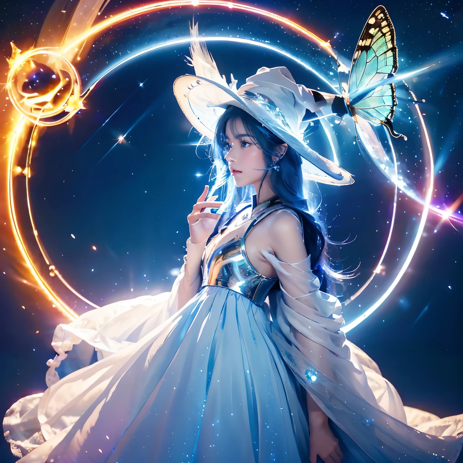 A woman in a dress and hat with a butterfly in her hand - SeaArt AI