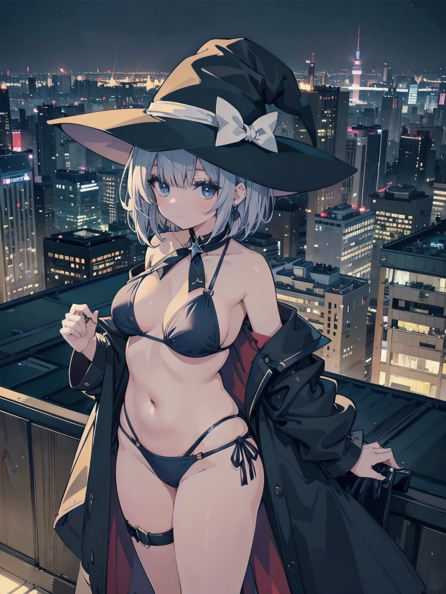A girl stands on the rooftop of a high-rise building with a panoramic view of late-night Tokyo below.、She has a short bob with a white lob of hair and wears a large black witch hat with sapphire jewelry.、A high school student wearing a navy blue bikini-type swimsuit with a white ribbon、She wears a large witch's hat with a small sapphire accessory、A few star creams、Beautiful starry sky、Beautiful night view、large witch's hat 、Navy blue bikini pants that dig into your stomach、Small breasts、Small breasts、Navy blue swimsuit top with white frills、I see my stomach、The area around the stomach is bare skin.、Belly button、Halterneck bikini、She is wearing hot pants