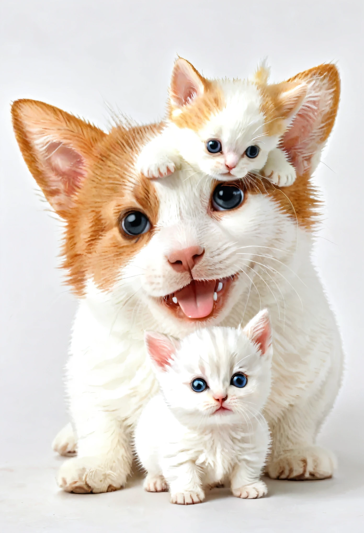 masterpiece,best quality,no humans,white background,animal focus,animal,image of a cute white kitty who is best friends with a cute baby corgi,EYE,cuteness,kawaii,expression,joy,happy,smiling