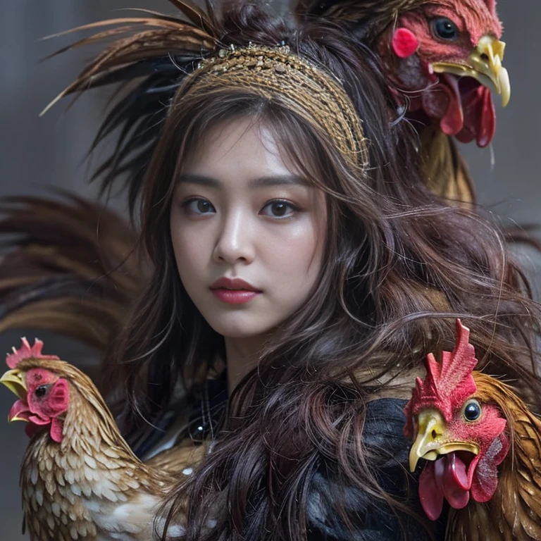 (highest quality、Super detailed、Real:1.37)、(professional、Bright colors)、(Dark fantasy)、((Human-faced chicken:1.5))、(Human-chicken hybrid creature)、(Apparition)、(The face of a young and extremely beautiful woman:1.4)、(Beautiful detailed eyes、Beautiful detailed lips、Highly detailed eyes and face)、(Dark Night Road、Dimly lit road)、(media: oil)、(Fine feather detail、Captivating colorysterious atmosphere)、(Studio Lighting)