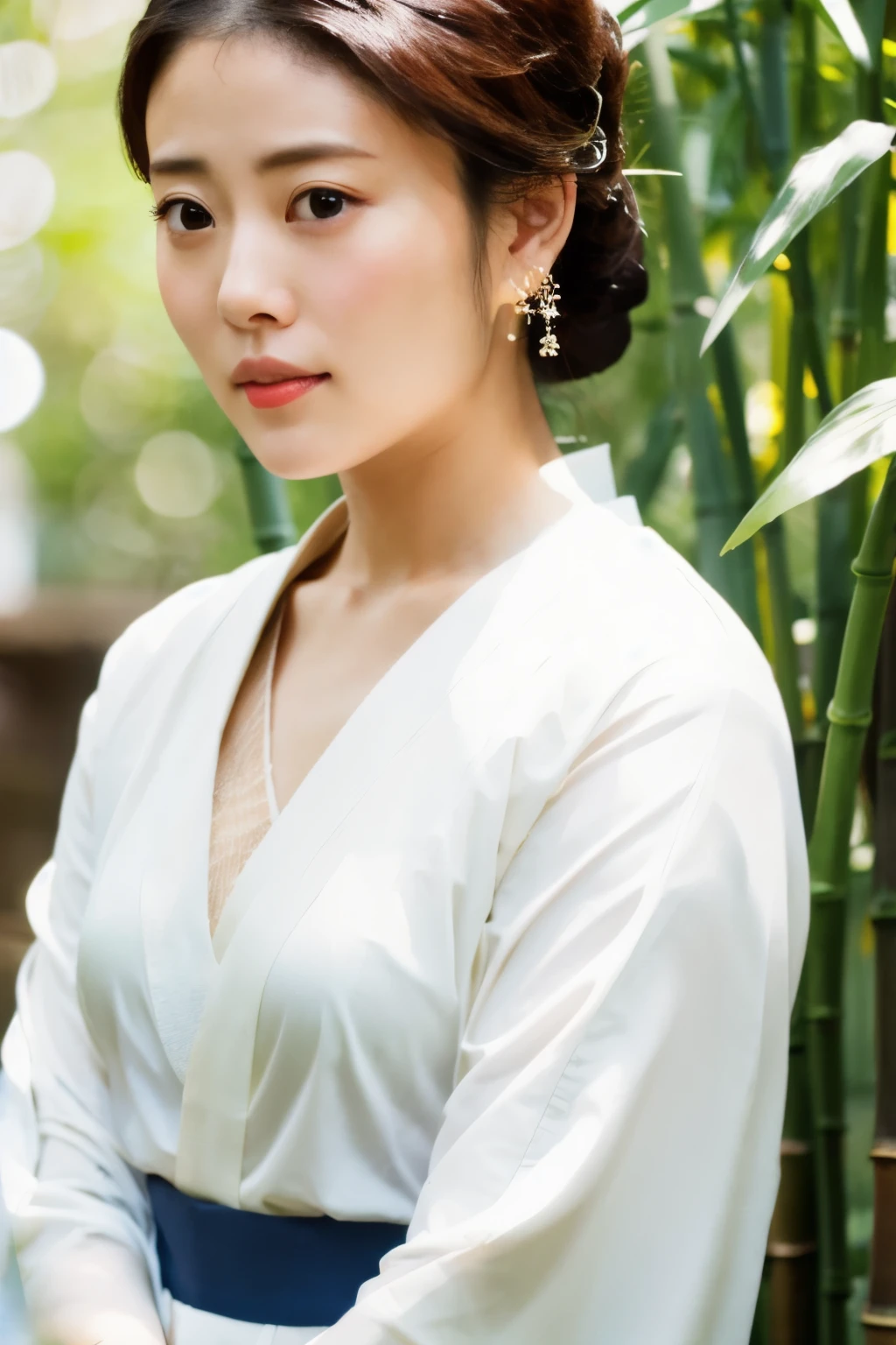 Masterpiece, High quality, High resolution, 8K, Realistic Japan woman in bamboo bushes,  beautiful japanese female, goddess of Japan, Beautiful Face, detailed face, detailed eyes, Tie up your hair, Wearing a white wet translucent kimono, Inserting kanzashi, A MILF, Sexy Japanese woman, A 30-year-old woman, Looking at the camera, facing front, face forwards, rain is falling, Beautiful collarbone
