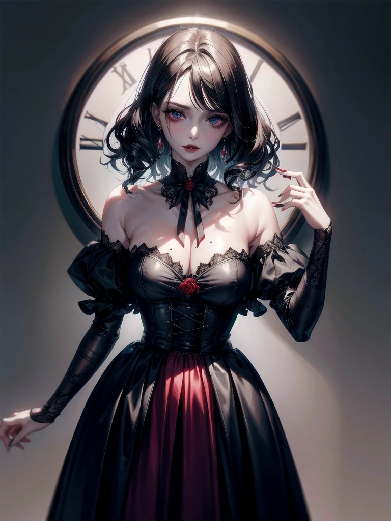 vampire woman, Victorian dress, absurdres, RAW photo, extremely delicate and beautiful, masterpiece, Best Quality, ultra high resolution, 32k, hyperrealistic, ultra-detailed, detailed description, pale skin, 20 years old, tearful mole, earring, short medium hair, wavy hair, full body shot,