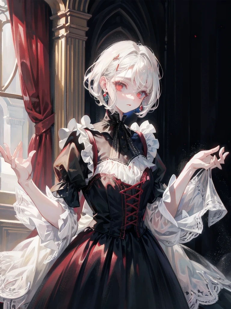 vampire woman, Victorian dress, absurdres, RAW photo, extremely delicate and beautiful, masterpiece, Best Quality, ultra high resolution, 32k, hyperrealistic, ultra-detailed, detailed description, pale skin, 20 years old, tearful mole, earring, short medium hair, wavy hair, full body shot,