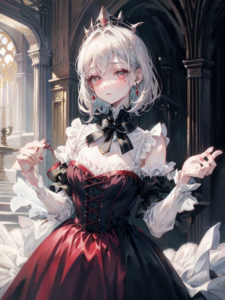 vampire woman, Victorian dress, absurdres, RAW photo, extremely delicate and beautiful, masterpiece, Best Quality, ultra high resolution, 32k, hyperrealistic, ultra-detailed, detailed description, pale skin, 20 years old, tearful mole, earring, short medium hair, wavy hair, full body shot,