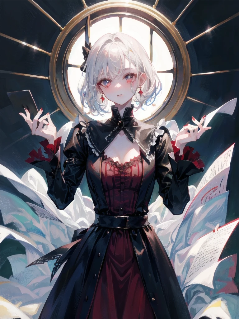 vampire woman, Victorian dress, absurdres, RAW photo, extremely delicate and beautiful, masterpiece, Best Quality, ultra high resolution, 32k, hyperrealistic, ultra-detailed, detailed description, pale skin, 20 years old, tearful mole, earring, short medium hair, wavy hair, full body shot,