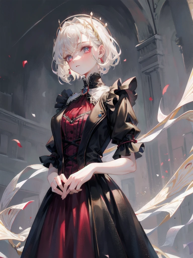 vampire woman, Victorian dress, absurdres, RAW photo, extremely delicate and beautiful, masterpiece, Best Quality, ultra high resolution, 32k, hyperrealistic, ultra-detailed, detailed description, pale skin, 20 years old, tearful mole, earring, short medium hair, wavy hair, full body shot,