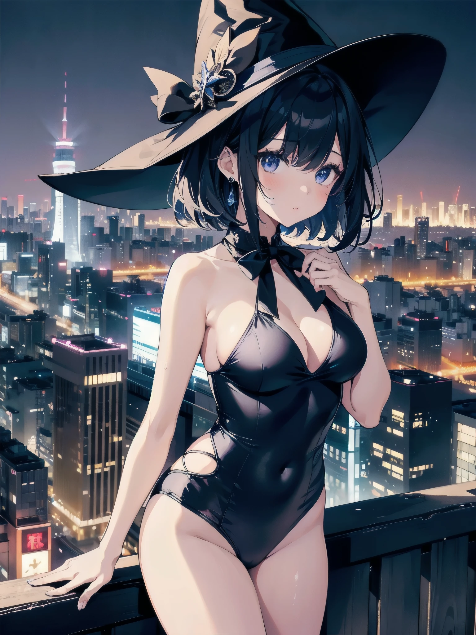 A girl stands on the rooftop of a high-rise building with a panoramic view of late-night Tokyo below.、She has a short bob with a white lob of hair and wears a large black witch hat with sapphire jewelry.、A high school student wearing a sailor swimsuit with a navy blue ribbon、She wears a large witch&#39;s hat with a small sapphire accessory、A few star creams、Beautiful starry sky、Beautiful night view、large witch's hat 、Navy blue bikini pants that dig into your stomach、Small breasts、Small breasts、I see my stomach、The area around the stomach is bare skin.、Belly button、Halterneck bikini、She is wearing hot pants.