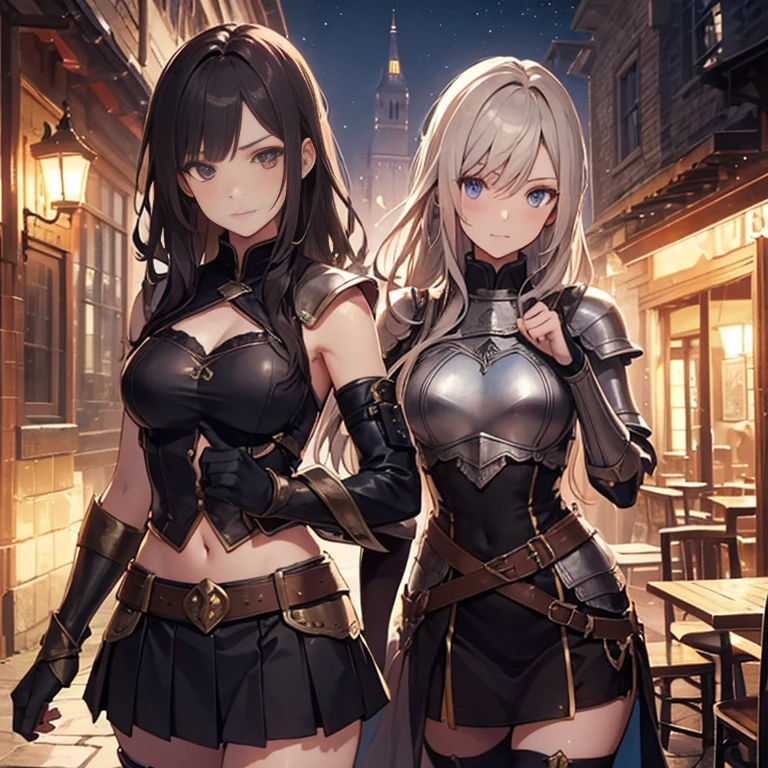A group of female medieval fantasy adventurers, (in tavern), various hair styles, harem, night, details face, short skirt, seducing, sleeveless, armor, midriff
