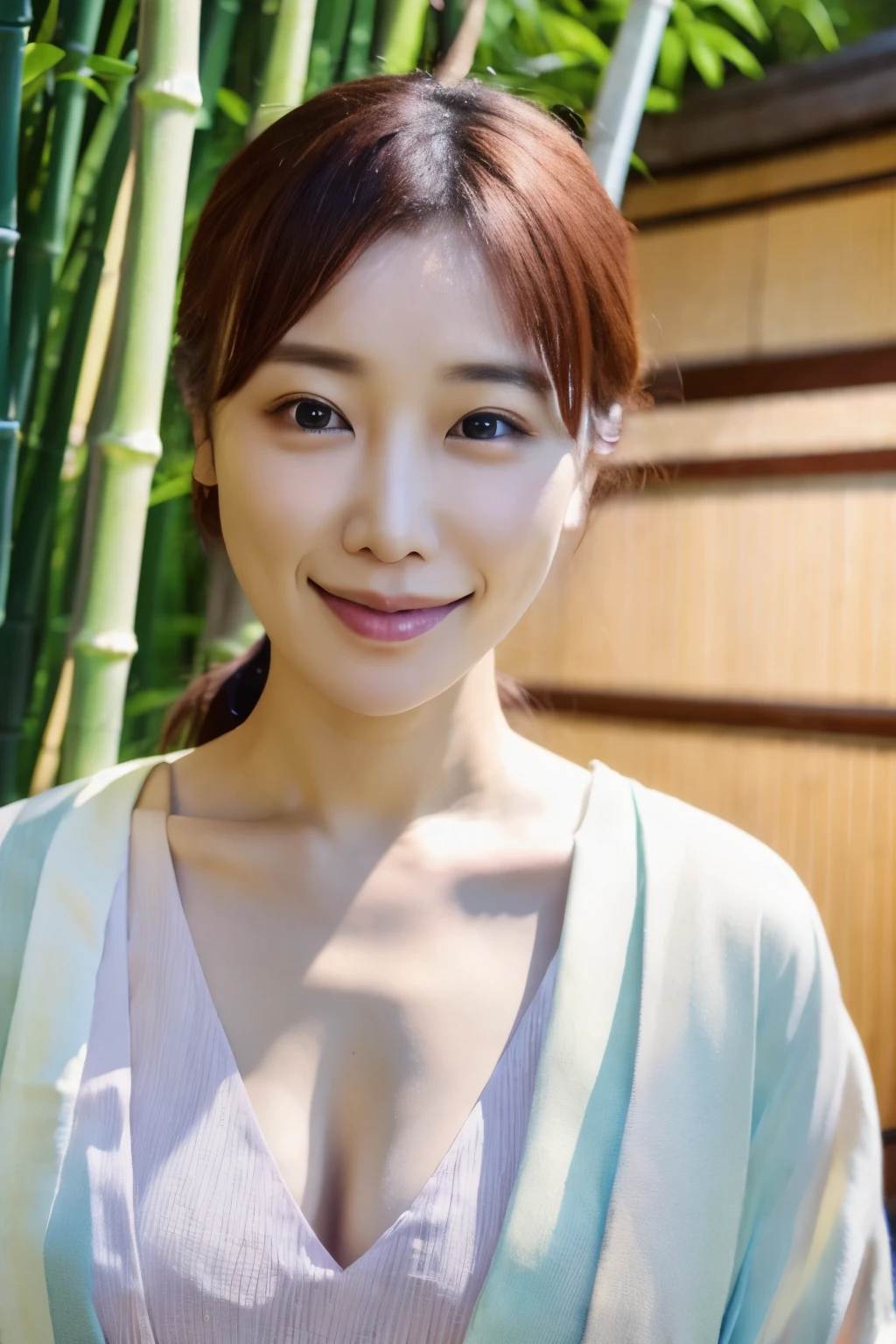 Masterpiece, High quality, High resolution, 8K, Realistic Japan woman in bamboo bushes, beautiful japanese female, goddess of Japan, Beautiful Face, detailed face, detailed eyes, Tie up your hair, Wearing a white wet translucent kimono, Inserting kanzashi, A MILF, Sexy Japanese woman, A 30-year-old woman, Looking at the camera, facing front, face forwards, rain is falling, Beautiful collarbone
