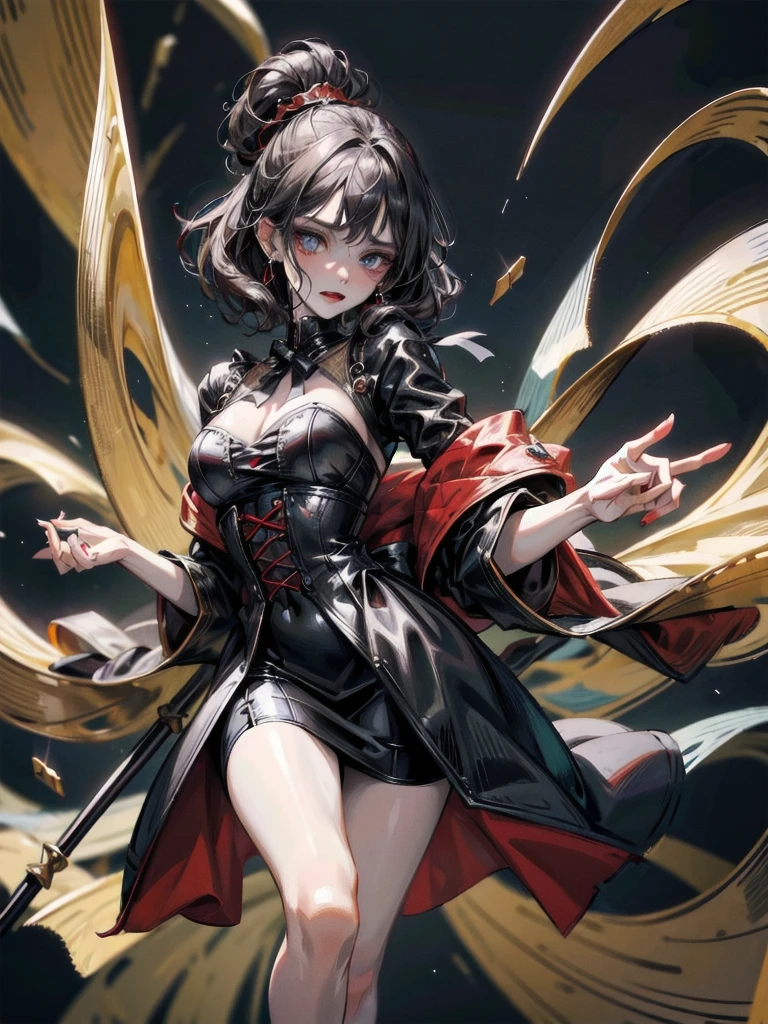 vampire woman, Victorian dress, absurdres, RAW photo, extremely delicate and beautiful, masterpiece, Best Quality, ultra high resolution, 32k, hyperrealistic, ultra-detailed, detailed description, pale skin, 20 years old, tearful mole, earring, short medium hair, wavy hair, full body shot,