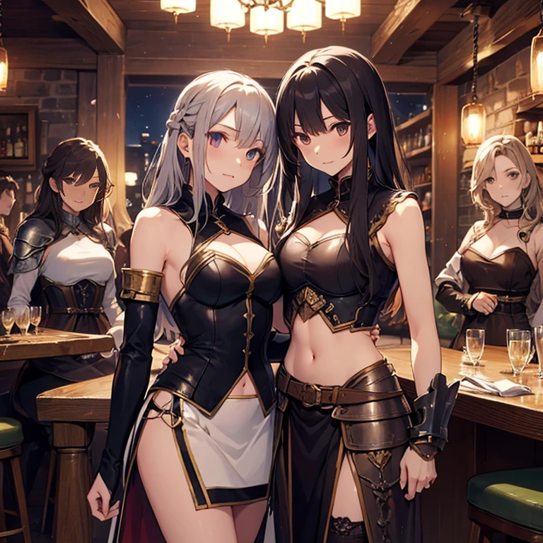 A group of female medieval fantasy adventurers, (in tavern), various hair styles, harem, night, details face, short skirt, seducing, sleeveless, armor, midriff