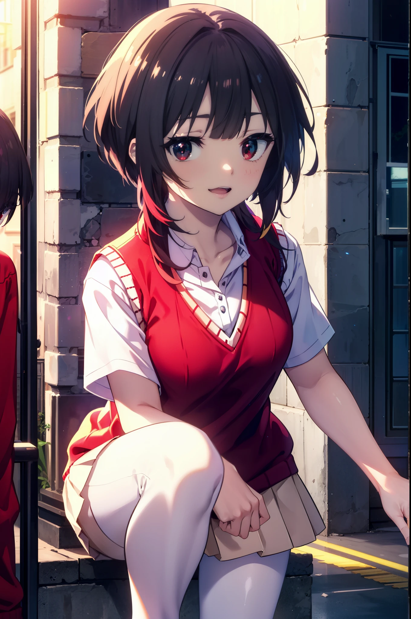konosubaMegumin, Megumin, short hair, Black Hair, (Red eyes:1.3), short hair with long locks,happy smile, smile, Open your mouth,
White Sailor Suit,Short sleeve,Sweater vest, (red Sweater vest:1.5),White Thailand,black pleated skirt,White pantyhose,Black Loafers,whole bodyがイラストに入るように,morning,morning陽,The sun is rising,Walking,
break outdoor, In town,Building district,crowd, people々々々,
break looking at viewer, whole body,
break (masterpiece:1.2), highest quality, High resolution, unity 8k wallpaper, (shape:0.8), (Beautiful and beautiful eyes:1.6), Highly detailed face, Perfect lighting, Extremely detailed CG, (Perfect hands, Perfect Anatomy),