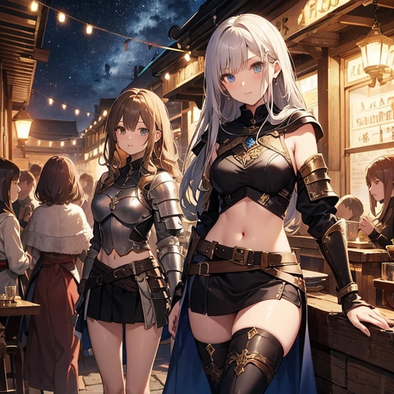 A group of  female medieval fantasy adventurers, (in tavern), various hair styles, harem, night, details face, short skirt, seducing, sleeveless, armor, midriff 