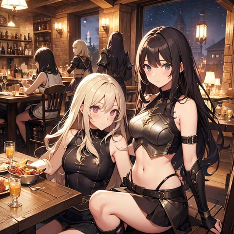 A group of  female medieval fantasy adventurers, (in tavern), various hair styles, harem, night, details face, short skirt, seducing, sleeveless, armor, midriff 