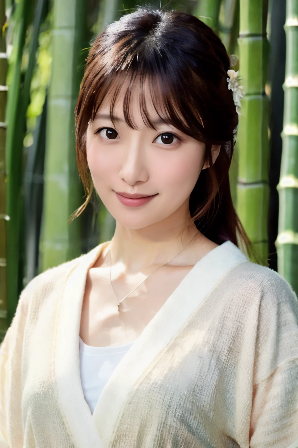Masterpiece, High quality, High resolution, 8K, Realistic Japan woman in bamboo bushes, beautiful japanese female, goddess of Japan, Beautiful Face, detailed face, detailed eyes, Tie up your hair, Wearing a white wet translucent kimono, Inserting kanzashi, A MILF, Sexy Japanese woman, A 30-year-old woman, Looking at the camera, facing front, face forwards, rain is falling, Beautiful collarbone