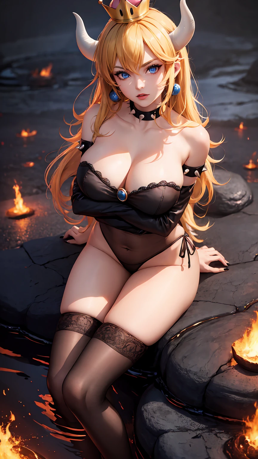 ((high detailed, best quality, 4k, masterpiece, hd:1.3)), ((best quality)), (((HD))), (((8k))), (ultraDH), (ultra HD), Princess Daisy, blue eyes, BREAK blue eyes, seductive, attractive, smooth anime cg art, 36C breasts, long legs, vivid colors, detailed digital art, slim body, perfect skin, dark blonde hair, long hair, blonde hair, blonde hair, BREAK crown, cleavage, 36C cleavage, looking at viewer, BREAK looking at viewer, extremely detailed face, red santa suit, red santa claus suit, santa claus suit, earrings, gem, dark black makeup lips, dark gothic eyeshadows, dark eyeshadows, black eyeshadows, black sexy lips, black lips, (dark:1.2), dark lips, very dark lips, (perfect hands, perfect anatomy), black makeup, black medium lips, black thick lips, detailed fingers, five fingers per hand, 5 fingers, (1 girl), detailed lips, detailed black lips, black painted lips, gothic painted lips, BREAK night, night sky, (breast focus), (arms outstreched:1.2), (from above:1.1), (breasts out:1.3), (off shoulder:1.1), (white horns), (lingerie), inside a lava castle, she inside a sea of lava, she bathing in lava, full body, perfect long legs, perfect foots, legs and foots into the lava,