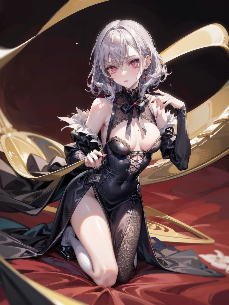 vampire woman, Victorian dress, absurdres, RAW photo, extremely delicate and beautiful, masterpiece, Best Quality, ultra high resolution, 32k, hyperrealistic, ultra-detailed, detailed description, pale skin, 20 years old, tearful mole, earring, short medium hair, wavy hair, full body shot,