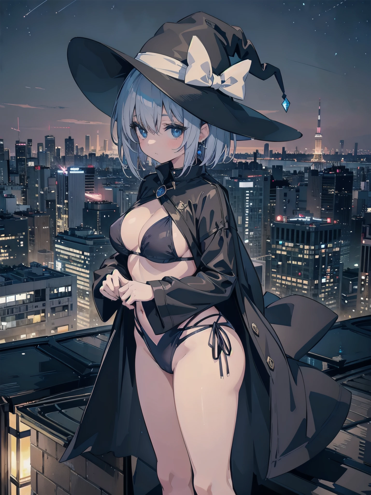 A girl stands on the rooftop of a high-rise building with a panoramic view of late-night Tokyo below.、She has a short bob with a white lob of hair and wears a large black witch hat with sapphire jewelry.、A high school student wearing a navy blue bikini-type swimsuit with a white ribbon、She wears a large witch's hat with a small sapphire accessory、A few star creams、Beautiful starry sky、Beautiful night view、large witch's hat 、Navy blue bikini pants that dig into your stomach、Small breasts、Small breasts、Navy blue swimsuit top with white frills、I see my stomach、The area around the stomach is bare skin.、Belly button、Halterneck bikini、She is wearing hot pants