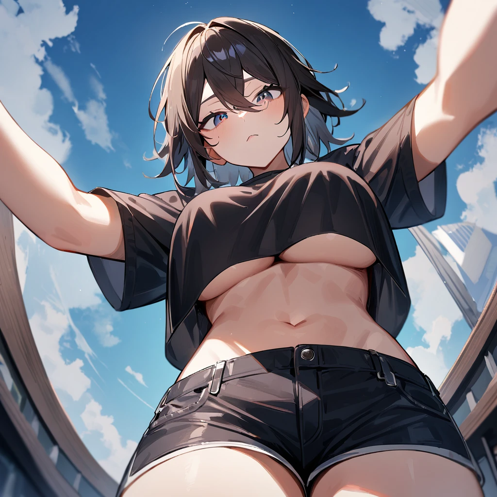 1 girl,Androgynous,Solo,medium hair,blackshirt,big breast,shirt overhang,navel,cowboy shot,looking at viewer,shortshorts,dark colored,best quality, very aesthetic, absurdres,Look Down,cool,From below,peek,underboob,pov,peek