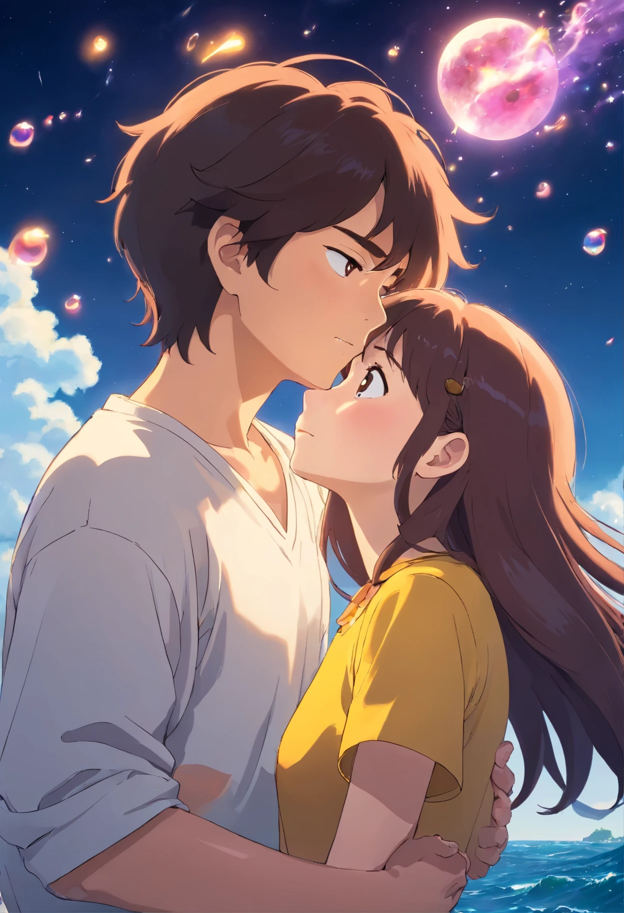cinematic images,Romantic couple kissing in the wind, de cabelos castanho, com cabelo loiro,estrelas brilhantes,Efeitos de brilho,Heart-shaped bubbles,a noite,Em um Ceu bonito com folhas caindo,The face is clear and precise,detalhe no rosto,superfino,by the sea,16k resolution,alta qualidade,luz,Alto detalhe da imagem,dynamic viewing angle,imagem fofa
