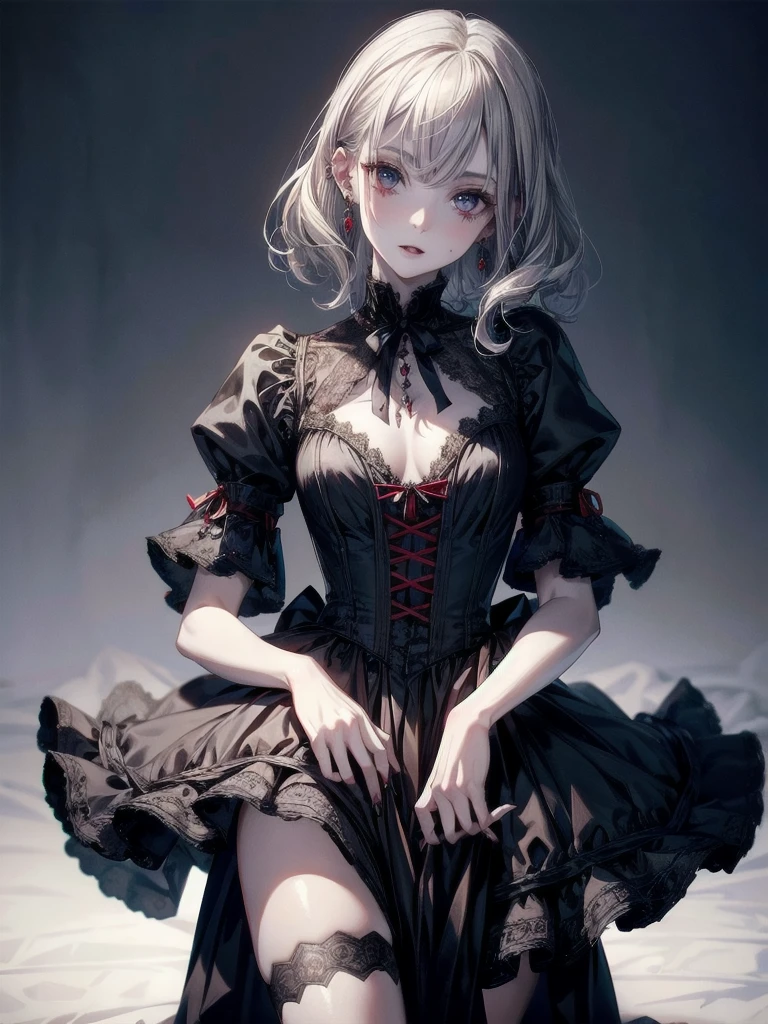 vampire woman, Victorian dress, absurdres, RAW photo, extremely delicate and beautiful, masterpiece, Best Quality, ultra high resolution, 32k, hyperrealistic, ultra-detailed, detailed description, pale skin, 20 years old, tearful mole, earring, short medium hair, wavy hair, full body shot,