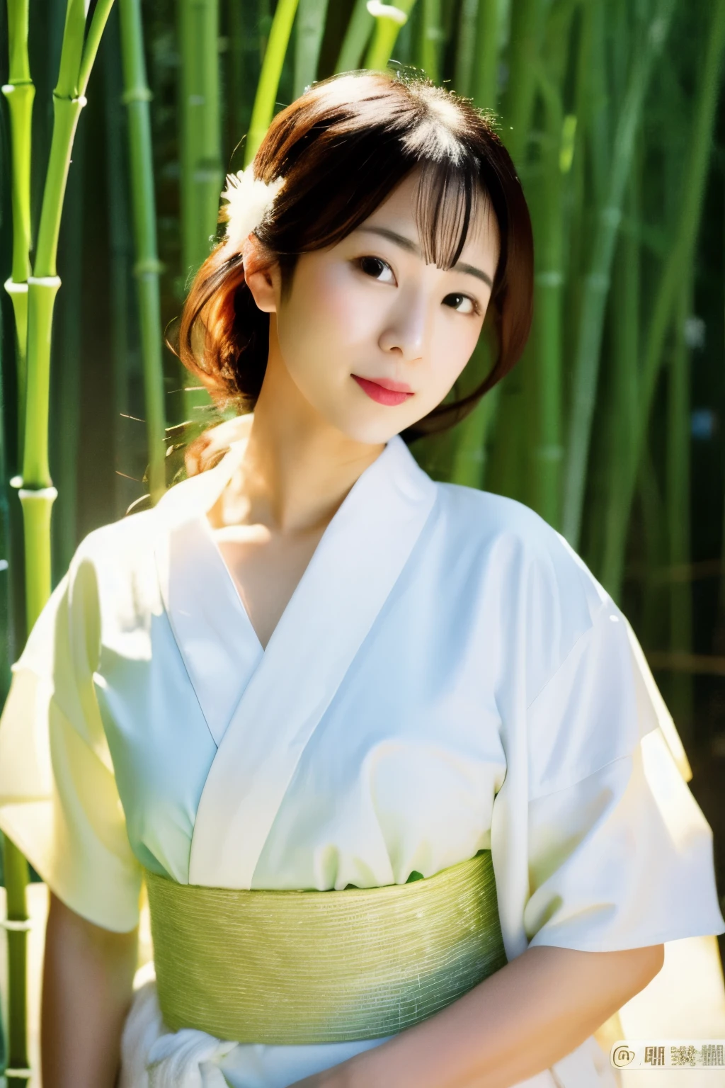 Masterpiece, High quality, High resolution, 8K, Realistic Japan woman in bamboo bushes,  beautiful japanese female, goddess of Japan, Beautiful Face, detailed face, detailed eyes, Tie up your hair, Wearing a white wet translucent kimono, Inserting kanzashi, A MILF, Sexy Japanese woman, A 30-year-old woman, Looking at the camera, facing front, face forwards, rain is falling, Beautiful collarbone
